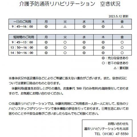 通所リハビリテーション空き状況について