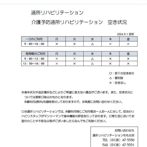 通所リハビリテーション空き状況について